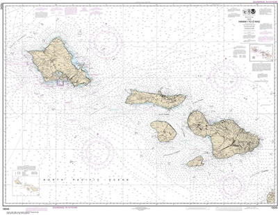 NOAA Chart 19340. Nautical Chart of Hawaii to Oahu. NOAA charts portray water depths, coastlines, dangers, aids to navigation, landmarks, bottom characteristics and other features, as well as regulatory, tide, and other information. They contain all criti