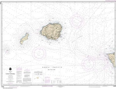 NOAA Chart 19380. Nautical Chart of Oahu to Niihau. NOAA charts portray water depths, coastlines, dangers, aids to navigation, landmarks, bottom characteristics and other features, as well as regulatory, tide, and other information. They contain all criti