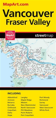 Vancouver & Fraser Valley BC street map. Full color map features detailed street information for Vancouver and Fraser Valley. Communities Included, Abbotsford, Anmore, Belcarra, Burnaby, Chilliwack, Coquitlam, Delta, Hope, Ladner, Langley, Langley Townshi