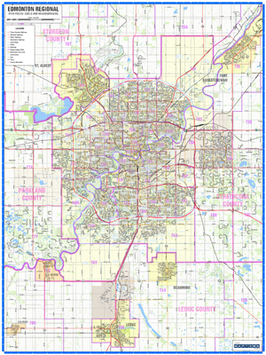 Edmonton Regional Wall Map with Postal Codes. This updated regional base map of Edmonton and the surrounding area will help you quickly and easily find the first three digits of the Postal Codes, or Forward Sortation Area (FSA) from the most current Stati