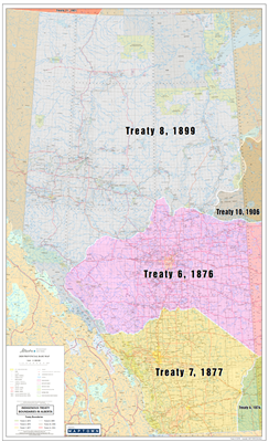 Alberta Treaty Boundaries Provincial Base Wall Map 1:1,000,000. This current map of Alberta shows all Indigenous Treaty Boundaries in Alberta. Includes First Nation Treaties 4, 6, 7, 8, 10 and 11. Also includes primary and secondary highways, both paved a