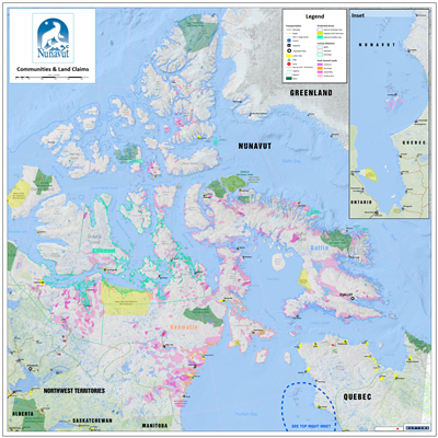 Nunavut Canada Wall Map - Communities and Land Claims. This detailed wall map of Nunavut shows all of the lands that make up this territory of Canada shows transportation, places, parks, glaciers, Inuit owned lands, census subdivisions, protected areas, s