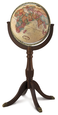 Sherbrooke 16 inch World Globe. Make a statement. This elegant solid-wood stand has brass claw feet and antique brass-plated meridian enhance the rich parchment ocean of this classic 16 inch raised relief globe. Special details include decorative cartouch
