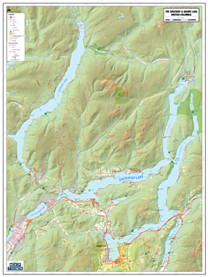 The Shuswap & Adams Lake Regional Wall Map. This beautifully designed regional map shows the houseboating capital of BC with the arms of The Shuswap Lake, including Salmon Arm, Mara Lake, Anstey Arm, Seymour Arm and Little Shuswap Lake. This current map s