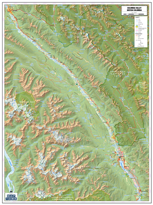 Columbia Valley BC Regional Wall Map. This beautifully designed regional map shows the Columbia Valley of SE BC extending from Golden in the NW corner to Fairmont Hot Springs in the SE corner. Other places of interest on the map include Radium Hot Springs