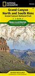 Grand Canyon National Park - North & South Rims Trail Map. Key areas include Colorado River miles 60-98, North and South Rim visitor centers, Grand Canyon Village, Tusayan, Bright Angel Trail (plus elevation profile), West Rim Trail, Kaibab Trail, Arizona