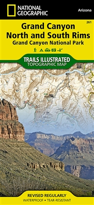 Grand Canyon National Park - North & South Rims Trail Map. Key areas include Colorado River miles 60-98, North and South Rim visitor centers, Grand Canyon Village, Tusayan, Bright Angel Trail (plus elevation profile), West Rim Trail, Kaibab Trail, Arizona