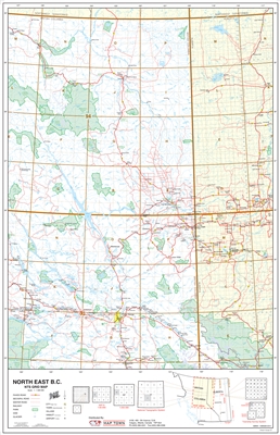 NE BC Base Wall Map. This map of northeast British Columbia at a scale of 1:1000,000 shows  primary and secondary highways, rivers, lakes, and other waterways, cities, towns, villages, airports, political boundaries, townships, sections and meridians, lat