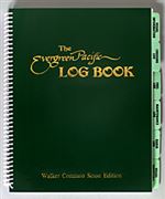 This Evergreen Pacific Nautical Log Book includes tabbed sections for vessel information, cruising log, maintenance log, fuel log, radio log (with mayday instructions & VHF requirements), and vessel inventory for emergency equipment, spare parts & lightbu