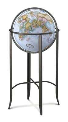 Trafalgar - 16 inch Floor Globe. The combination of progressive design, artistic angles, and metal floor stand with a 16 inch blue-ocean globe and pewter finished die-cast meridian gives the Trafalgar an air of sophistication.