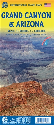 Arizona & the Grand Canyon Travel map.  This is a double-sided map showing access areas, viewpoints and trails.  it shows wilderness campgrounds, parks, attractions, and a large inset map of Flagstaff for those driving Route 66. main attractions are highl