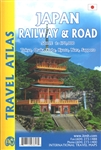 Japan Railway & Road Travel Atlas. Main mapping shows national highways, major and secondary roads, as well as ferry routes, airports, shinkansen, privatized and Japanese railway lines. Administrative and international boundaries are indicated; points of
