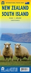 New Zealand South Island Travel & Road Map. One side covers the far south - Invercargill and Dunedin, Stewart Island, Milford Sound, north to Mount Cook in the Southern Alps. The other side continues north through Christchurch to Nelson on the North Coast