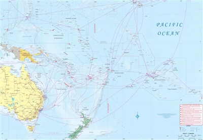 South Pacific Cruising Travel Map with Samoa. This double-sided map shows Samoa on one side and a large part of the South Pacific on the other. The latter includes cruising routes from Australia to New Zealand, Tahiti, Tonga, Fiji, The Cook Islands, Samoa