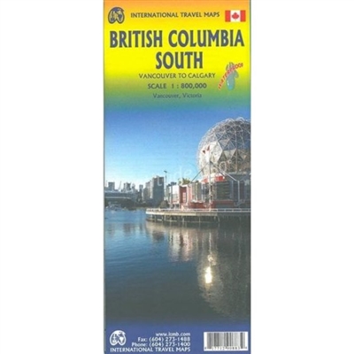 BRITISH COLUMBIA SOUTH TRAVEL ROAD MAP.  This waterproof, tear-resistant, and bio-degradable BC map covers the area between Vancouver and Calgary.  It includes everything from the westernmost edge of Vancouver Island to a line just east of Calgary and fro