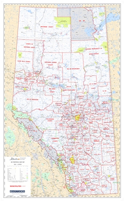Alberta Municipal Districts & Counties Wall Map 1:1,000,000. The Municipal Districts version also shows all of the County and Municipal District boundaries. The maps shows primary and secondary highways, rivers, lakes, and other waterways, cities, towns,
