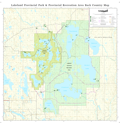 Lakeland Alberta Provincial Park & Recreational Area Map. This map includes the lakes of Touchwood, Spencer, Seibert, Dabbs, Jackson, Shaw, Blackett, McGuffin, Mud, Kinnaird, Black Duck, Beaver, Elinor, Helena, Pinehurst and Ironwood. Also shows all lakes