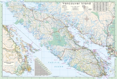 Vancouver Island Wall Map. This comprehensive map is printed on a good quality paper and features roads, highways and all provincial parks. This map also includes a city index, distance chart and an inset of Victoria to Nanaimo on this easy to read map.