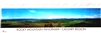 Rocky Mountain Panorama Poster.  This is a panoramic view of the City of Calgary facing west towards the Rocky Mountains. Features an overview picture of Calgary with mountains in the background. Names of each mountain is indicated on the