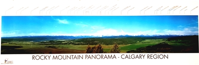 Rocky Mountain Panorama Poster.  This is a panoramic view of the City of Calgary facing west towards the Rocky Mountains. Features an overview picture of Calgary with mountains in the background. Names of each mountain is indicated on the