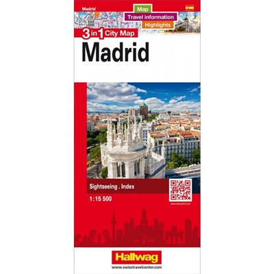 Madrid Street Map.  This laminated double-sided and folded street map at 1:15,000 scale includes an index, highlights, a metro map, and travel information.