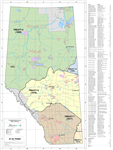 Alberta First Nations Reserves & Metis Settlements Provincial Base Map. This map is color coded showing Metis Developments and Native Reserves. As well, it outlines Treaty boundaries 4, 6, 7, 8, and 10. This also includes a full size index with locations