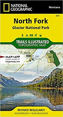 Glacier National Park North Fork Trail Map. Features found on this map include the Apgar Mountains, Bowman Lake, Flathead National Forest, Glacier, Kintla Lake, Lake McDonald, Lewis Range, Livingston Range, Mount Carter and Mount Cleveland, Pacific Northw