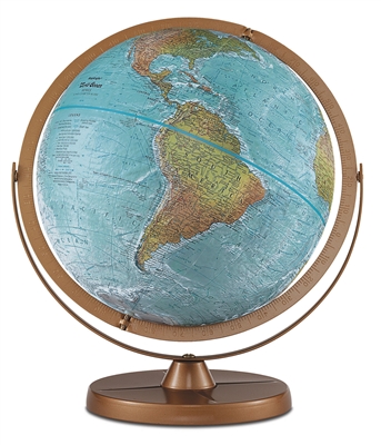 Atlantis - 12 Inch Desk Globe. Land areas on this special globe are in true-to-life color to illustrate mountains, deserts, forests and grasslands. Oceans show undersea physical features. Gyro-matic mounting with numbered full-meridian swings up or down t