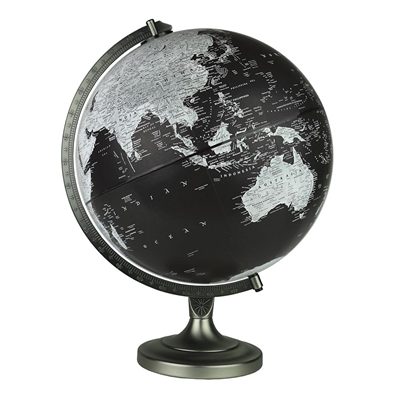 Bancroft 12" World Globe Black Oceans. Made for National Geographic by Replogle, this 12" raised relief globe shows raised relief. Has a 1930's feel to it, but with modern countries and places. Perfect for any home or office. Has a sturdy, metallic base.