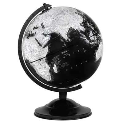 Wells World Globe 12" Black. Black globes add a sense of sophistication to any room. This 12" raised relief globe showing mountains has a velvet-like feel to it. Features black, white tones that make the globe appear to be retro or vintage. Has a sturdy,