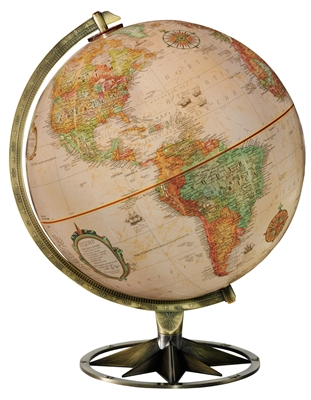 Compass Rose 12 inch World Globe. The Compass Rose or north arrow has appeared on charts and maps since the 1300's. This decorative and sturdy diecast antique brass plated base and semi-meridian are the perfect complement to the 12 inch antique-ocean glob