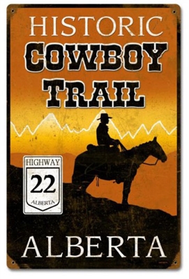 Historic Cowboy Trail Highway 22 Alberta Metal Sign. This vintage looking sign showcasing the road that runs parallel to the majestic Canadian Rocky Mountains measures 12 inches by 18 inches and weighs 2 lbs. This sign is hand made using heavy gauge steel