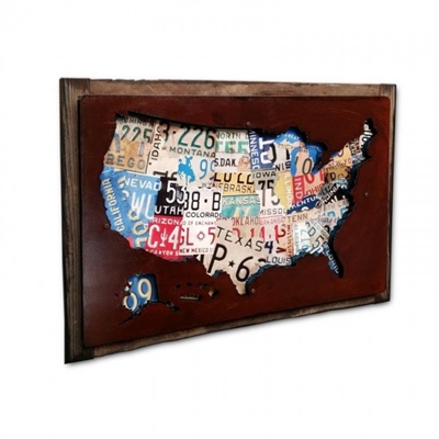 USA License Plate Cutout Vintage Metal Sign. License plates make up this very cool plasma shape. You have never seen the United States like this. Looks great in any room, garage or man cave. This 18 inch x 12 inch metal artwork with wood frame also makes