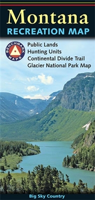 Montana Benchmark Recreation Map. One side provides a full state map that features Public and Tribal Lands, extensive highway detail, point to point mileages, recreation attractions, campgrounds, parks and wildlife areas, fishing access points, hunting un