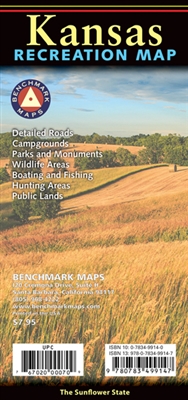 Kansas Benchmark Recreation Map. The Kansas Recreation Map is the first map product to show the real richness of recreation potential in The Sunflower State. One side provides a full state map that features Public Lands, extensive highway detail, point to