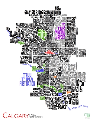 Calgary & Area Communities 2021 Wall Map. New for 2021. See Calgary in a new way. This creative wall map of Calgary, Alberta shows all communities in the city by using their names. This color-coded map shows communities in black, parks in green, industria