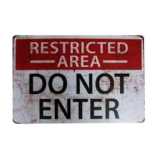 RESTRICTED AREA DO NOT ENTER VINTAGE METAL SIGN.   This is a reproduction of a vintage sign showing wear and tear marks for originality.  Metal.  Size is 11.5 by 17.5 inches.