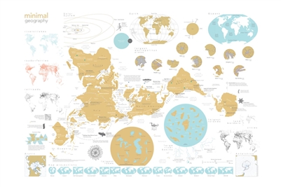 Minimalist World Gold Wall Map. This minimalist world map uses a very unique projection. In fact there are 15 different map projections are represented on this map including the main map using a Icosahedron projection created by Buckmeister Fuller in 1943