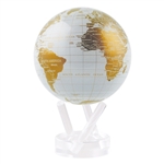 MOVA Globe White and Gold - 4.5 Inches wide - solar powered. If luxury is your style, this globe design is sure to please. A sight to behold, the map features a crisp white ocean canvas that is decorated with clean lines, pencil-sharp details.