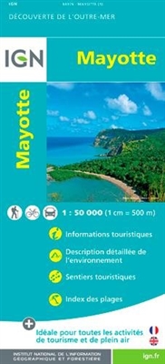 Mayotte Island tourist map. Controlled by the country of France. This extremely detailed map of the island at 1:50,000 shows tourist information, detailed descriptions of the natural environment, walking trails and an index of all of the beaches where you