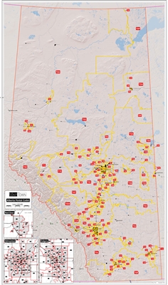 Alberta Provincial Base Map Postal Codes map. This is a simplified Alberta base map that shows all the Postal Code Forward Sortation Boundaries in Alberta. Shows cities, towns, primary and secondary roads and lakes. It includes insets of Calgary Edmonton