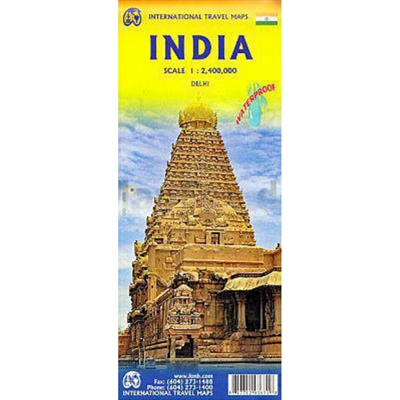 India travel map. This is a great topographical map of India. It has rich coloring, distinctive highlighted roadways, and provides a great deal of tourist information. This map is printed double sided on waterproof paper. This map includes an inset of New