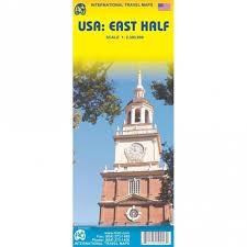 USA East Half Road Map.  This map is colored code as to elevation showing numbered expressways, highways, and roads, as well as icons noting points of interest, airports, campgrounds, and more.
