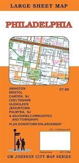 Philadelphia Pennsylvania Travel Road Map.  This is a detailed road map including Abington, Bristol, Camden, NJ, Cheltenham, Glenolden, Jenkintown, Palmyra, NJ, and adjoining communities, plus a downtown enlargement.