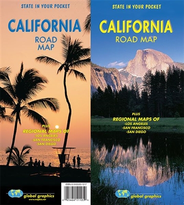 California Road Map folded. This California road map has easy to read cartography showing parks and mountain relief with names and elevations, county names, mileage, as well as regional maps of Los Angeles, San Francisco and San Diego.