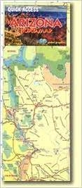 ARIZONA QUICK ACCESS ROAD MAP.  This folded laminated map by Global Graphics includes an index, Places of Interest, as well a list of Distance between Cities.  Insets are of Flagstaff, Phoenix, Tucson, Yuma and Grand Canyon National park.
