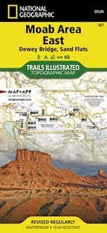 Moab East Hiking Trails Topo map. This map is a comprehensive guide to the mountain bike trail systems in the area, with a focus on the Dewey Bridge and Sand Flats trails to the west of Moab. The map provides clear and accurate mapping and labeling of eac