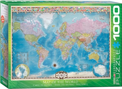 World Map Flags Puzzle 1000 Pieces. Finished size 19.25" x 26.5". A beautifully rendered map of the world including comprehensive data on population and area plus political and geological features, plus country flags. Strong high-quality puzzle pieces. Ma