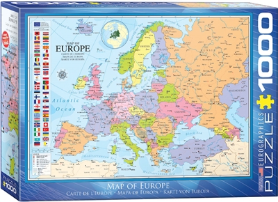 EuroGraphics Map of Europe 1000 Piece Puzzle. Box size: 10" x 14" x 2.37". Finished Puzzle Size: 19.25" x 26.5". Learning geography has never been so easy. This Map of Europe includes major and capital cities along with country flags. Strong high-quality