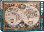 Antique World Map Puzzle 1000 Pieces. Finished size 19.25" x 26.5". This map was first issued in the Mercator-Hondius Atlas in the 1630 edition, in response to Willem Blaeu. Portraits of Julius Caesar, Ptolemy, Hondius and Mercator ornate the decorative b